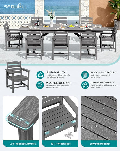 SERWALL 10 Piece 84" HDPE Outdoor Dining Set for 8 with 15ft Double-Sided Umbrella, Gray