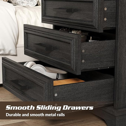 knoworld 24 Inch Wide Farmhouse Nightstands with Charging Station, Dark Gray Nightstand with 3 Large Drawers, Rustic Wood End Table for Bedroom
