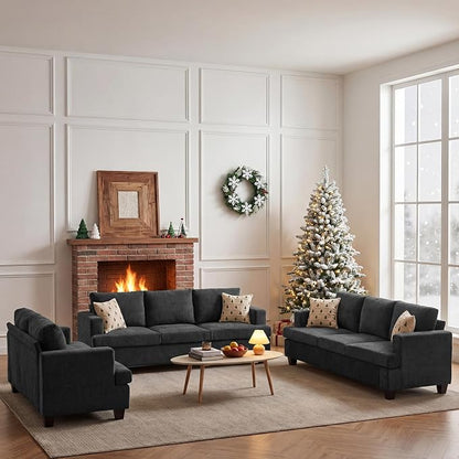 Apicizon Set of 3 Couch Set Loveseat & 3-Seater Sofa, 3 Piece Set Comfy Couch for Living Room, Modern Lounge Sofa Couch for Apartment Lounge, Dark Grey Chenille