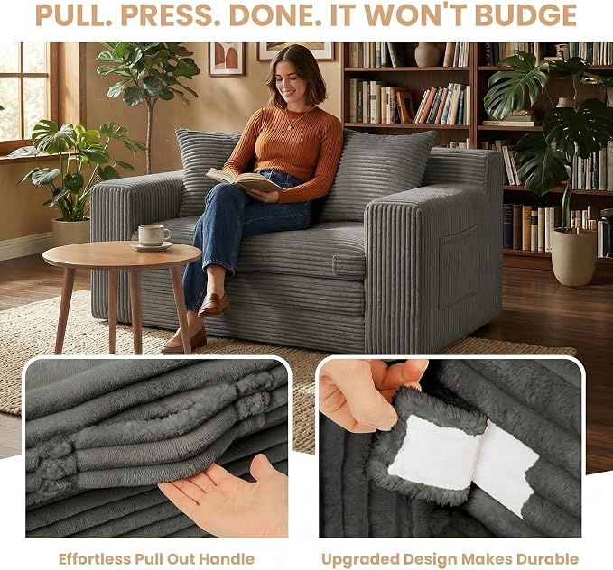 Boneless Loveseat Sofa Bed, Tri-Folding Convertible Futon Sleeper with Handle & Side Pockets, 54'' Boneless Couch with Hook and Loop No Assembly for Small Space,Living Room & Bedroom