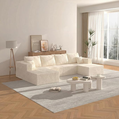 138" Modern Modular Sectional Sofa, U-Shaped Cloud Couch, Soft Corduroy Boneless Couch with 3060 High Rebound Memory Foam, Sectional Couches for Living Room-Beige(Left Facing Chaise)