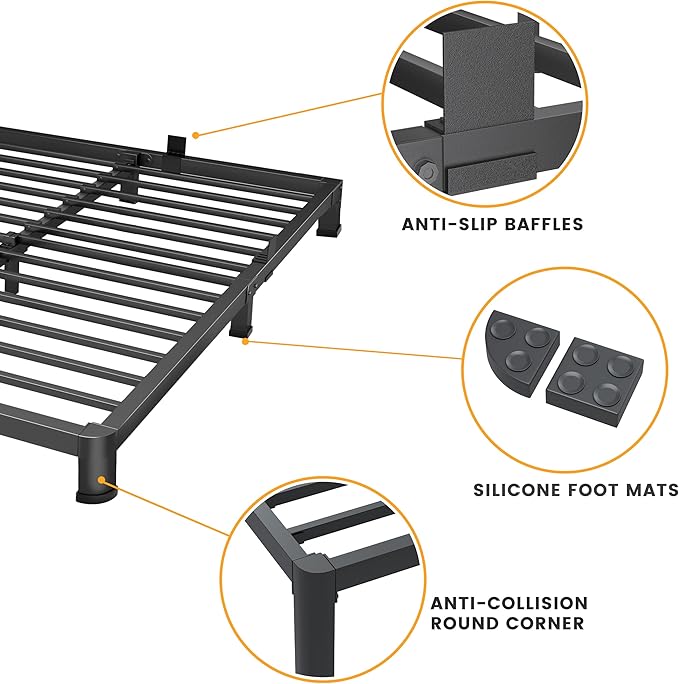 Superay 4 Inch Full Bed Frame Low Profile, Heavy Duty Metal Platform Bed Frame with Round Corner Legs, Sturdy Mattress Foundation, No Box Spring Needed, Easy Assembly, Noise Free, Black