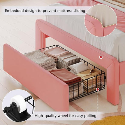 Feonase Twin Upholstered Bed Frame with Storage Drawers and Headboard, Built-in Charging Station, Velvet Platform LED Bed with Solid Wood Slat Support, No Box Spring Needed, for Girls and Kids, Pink