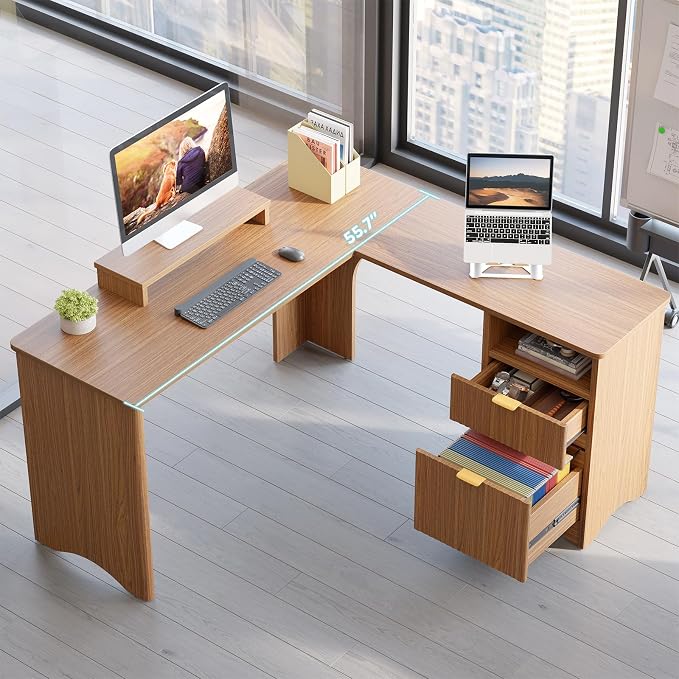 Bestier L Shaped Desk with File Drawer, 55.7" x 55" Office Computer Desk with Round Corners, Modern Desk with Monitor Stand & Fluted Panels for Home Office, Brown Oak