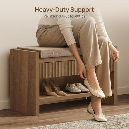 SICOTAS Fluted Shoe Bench with Cushion, Entryway Shoe Storage Bench | 300 lb Capacity, Comfortable 19.7" Seat Height, Fits 6 Pairs, Fluted Caramel Oak Design, Hidden Drawer Storage, Hallway