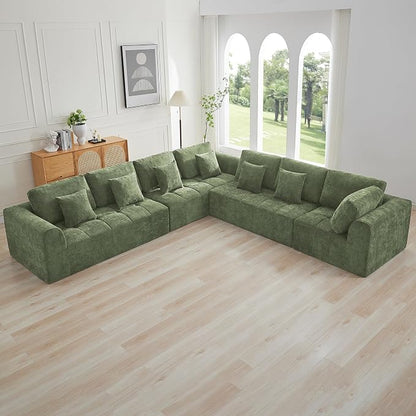 140''Modular Sectional Couches for Living Room, Cloud Boneless Compressed Sectional Sofa, Oversized L Shaped 7 Seater Upholstered Memory Foam Sofa, No Assembly, Chenille Green