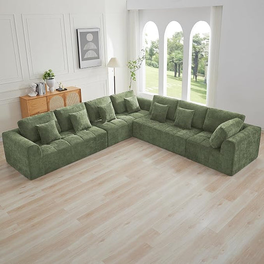 140''Modular Sectional Couches for Living Room, Cloud Boneless Compressed Sectional Sofa, Oversized L Shaped 7 Seater Upholstered Memory Foam Sofa, No Assembly, Chenille Green