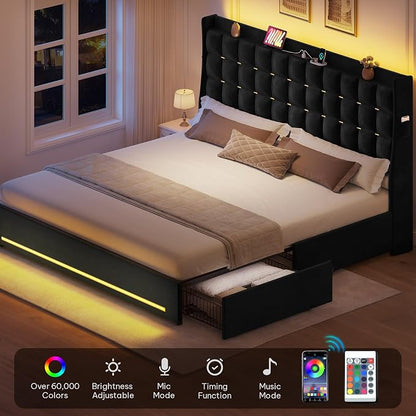 DWVO King Size Bed Frame with 4 Drawers and RGB LED Lights, Velvet Upholstered Platform Bed with Charging Station and Storage Headboard, No Box Spring Needed, Easy Assembly, Noise-Free, Black