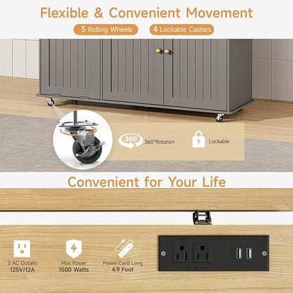 ONBRILL 60" Kitchen Island with Power Outlet & Drop Leaf, Rolling Island with Spice Rack & Towel Rack, Kitchen Island Cart with Trash Storage Cabinet, Island Table for Kitchen, Grey