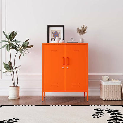 Orange 3 Tier Metal Storage Cabinet with Legs, Lockable 2 Door Metal Locker, Heavy Duty Multipurpose Accent Storage Cabinet with 2 Adjustable Shelves for Home, Office, Entryway and Hallway