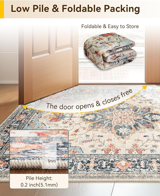 RELEANY Area Rugs Large 9'x12' Washable Non-Slip, Floral Vintage Distress Medallion Carpet for Living Room Bedroom Dining Room, Beige Navy Blue Orange Colorful