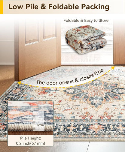 RELEANY Area Rugs Runner 2'x8' Washable Non-Slip, Floral Vintage Distress Medallion Carpet for Kitchen Hallway Bedroom Beside Laundry Room Bathroom, Beige Navy Blue Orange Colorful