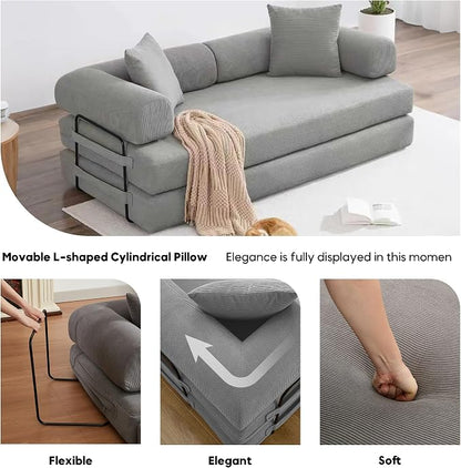 ZEIINPA Convertible Sleeper Sofa Bed with Cylindrical Pillow, Corduroy Folding Mattress Couch with Fixed-Shape Frame, Floor Sofa Lounge Couch for Living Room Bedroom Lounge Studio-Grey