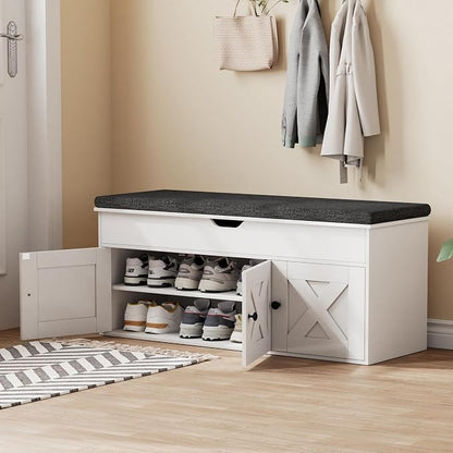 Homleke Shoe Storage Bench with Lift Top & 3 Barn Doors, Entryway Bench with Removable Cushion, Adjustable Shelf, Hidden Storage Cabinet for Hallway, Living Room, Bedroom - White
