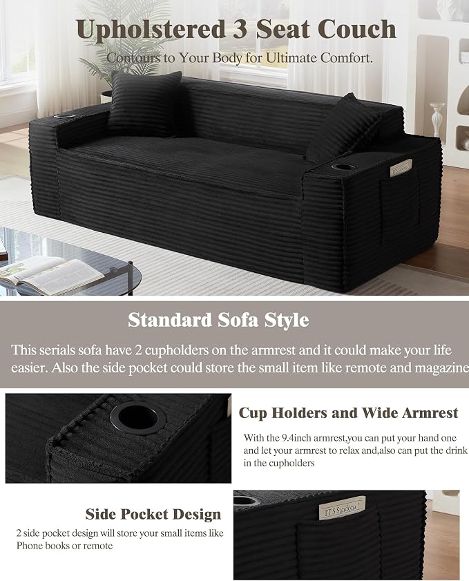 80.7" Boneless Sofa Couches with Cup Holder,3 Seat Couch with Side Pocket, Cloud Couch for Compact Living Rooms, Apartments (Black)