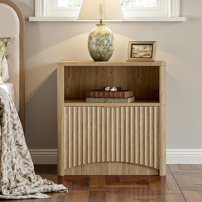 Evermagin 3-Piece Bedroom Furniture Set for Bedroom, 55" Wide Fluted 6-Drawer Dresser with 2 Nightstands, Mid-Century Modern Dresser and Nightstand Set (Natural)