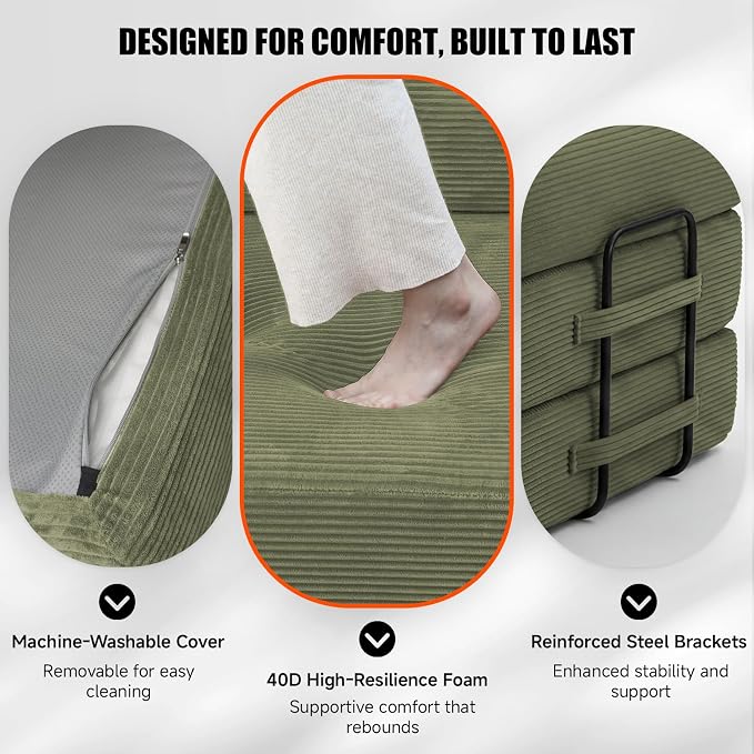 79" Convertible Sleeper Sofa Bed, Corduroy Boneless Fold-Out Couch in a Box, 4-in-1 Loveseat/Futon Couch, High-Density Foam, No Assembly, Side Pockets, 2 Pillows for Small Spaces, Green