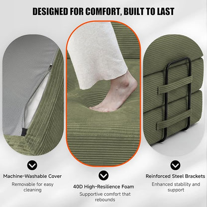 79" Convertible Sleeper Sofa Bed, Corduroy Boneless Fold-Out Couch in a Box, 4-in-1 Loveseat/Futon Couch, High-Density Foam, No Assembly, Side Pockets, 2 Pillows for Small Spaces, Green