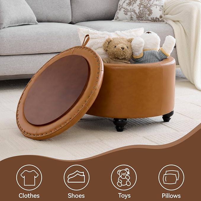 WUTUTUEE 24Inch Round Storage Ottoman with Tray, Modern Tufted Leather Circle Coffee Table with Storage, Upholstered Ottoman with Removable Top for Living Room, Bedroom, Leather Brown