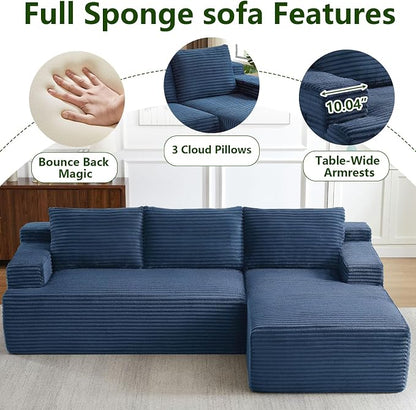 96" Modular Sectional Sofa, Modern Corduroy Cloud Couch with Side Pockets, Boneless Couch Upholstered 3-Seater L-Shaped Sofa for Living Room, No Assembly Required (Blue, Right-Facing Chaise)