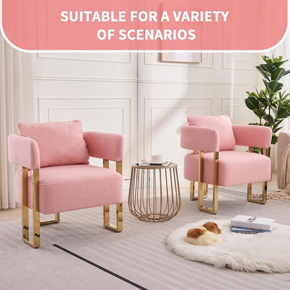 YISHENG Modern Barrel Accent Chairs Set of 2, Living Room Side Chairs with Golden Metal Legs Soft Upholstered Reading Armchairs no Wheels for Vanity/Reception Room/Bedroom/Lounge/Office,（Pink Teddy）