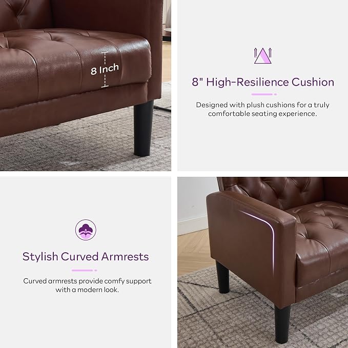 TYBOATLE Accent Chairs Set of 2, Comfy Living Room Chair Leather Tufted Mid Century Modern Accent Chair, Small Cozy Reading Arm Chair for Office, Bedroom