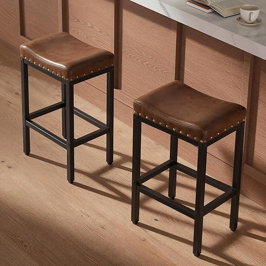 Forteek Counter Height Bar Stools Set of 2, 25.5 Inch, Industrial Vintage Bar Stool with Nailhead, Faux Leather Barstool with Footrest, Saddle Stool for Kitchen Island, Dining Room, Easy Assembly