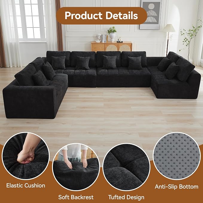 170''Modular Sectional Couches for Living Room, Cloud Boneless Compressed Sectional Sofa, Oversized U Shaped 8 Seater Upholstered Memory Foam Sofa, No Assembly, Chenille Black