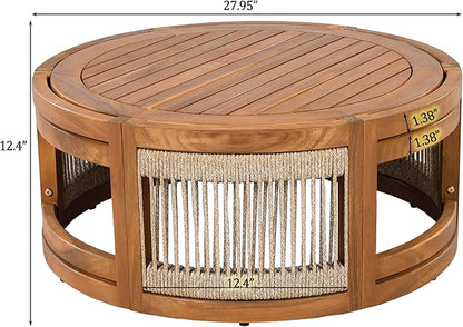 VilroCaz 4-Piece Patio Conversation Set, All Weather Sectional Sofa Set w/ 2 Chairs, Loveseat & Table Premium, Acacia Wood Outdoor Furniture Set with Woven Rope Accents and Cushions (Teak+Beige)