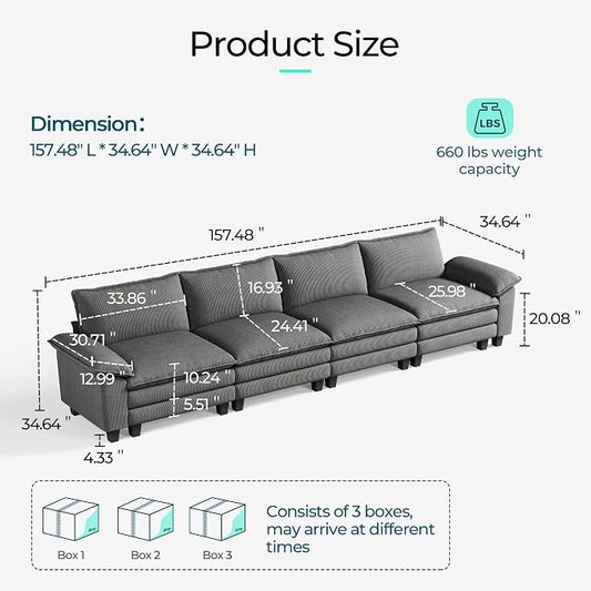 LINSY HOME 157'' Modular Sectional Sofa 4 Seat Couch Corduroy Cloud Couch with Deep Seat, Modern Cloud Couch for Living Room, Office, Bedroom, Grey