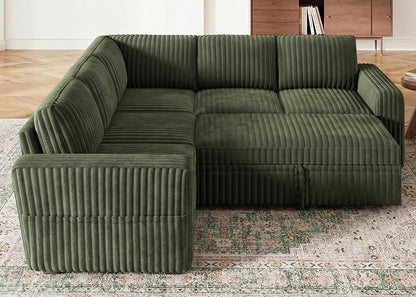 HONBAY Modular Sectional Sleeper Sofa with Pull Out Bed,Corduroy L Shaped Couch with Storage, Sectional Couches for Living Room,Green