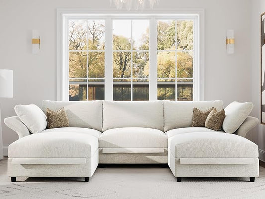 DreamDashio 126" U-Shaped 5-Seat Sectional Sofa, Oversized Modular Cloud Couch with Storage, High Backs & Adjustable Arms, Plush Beige Chenille for Large Living Room