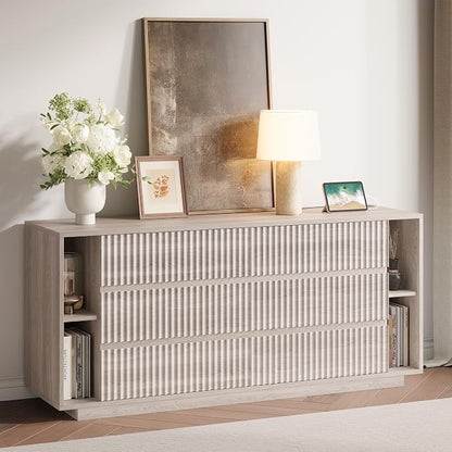 Whalefall 63 Inch Fluted 6 Drawers Dresser with Shelves, White Alder | Large Chest of Drawers for Bedroom, Mid Century Modern, Wood Closet Storage Organizer, Pedestal TV Stand for Living Room