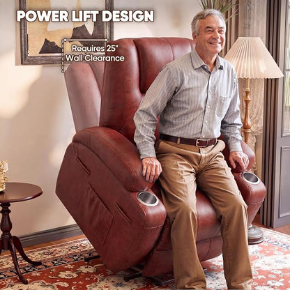 Flamaker Power Lift Recliner Chair Electric Lift Recliner for Elderly Power Lift Recliner Chair with Cup Holders Side Pockets for Living Room (Leathaire, Dark Brown)