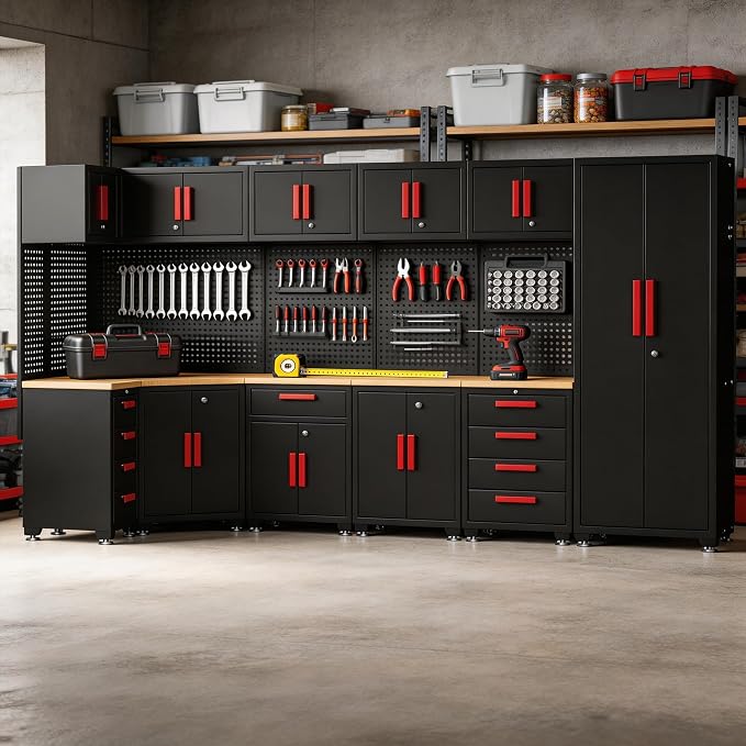 Garage Storage Cabinet System,16PCS Garage Cabinets and Storage System Corner Workshop Set with Corner Cabinet, Cabinet Drawers, Workbench, Pegboard for Tool Organization, Black Red