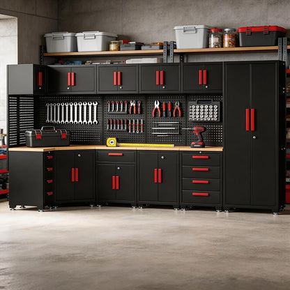 Garage Storage Cabinet System,16PCS Garage Cabinets and Storage System Corner Workshop Set with Corner Cabinet, Cabinet Drawers, Workbench, Pegboard for Tool Organization, Black Red