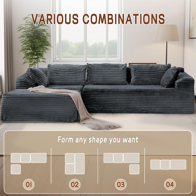 Korser 108" L-Shaped Modular Sectional Sofa with Chaise, Boneless Comfy Corduroy Fluffy Couch with Deep Seat and Side Pockets, Flexible Module Combination for Living Room, No Assembly, Side Pockets