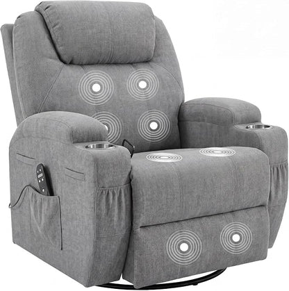 JUMMICO Small Swivel Rocker Recliner, 360 Rocking Chair Recliner with Massage, Upholstered Fabric Rocker Recliner with Cup Holder for Living Room, Bedroom, Nursery (Gray)