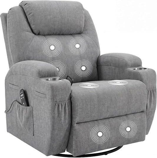 JUMMICO Small Swivel Rocker Recliner, 360 Rocking Chair Recliner with Massage, Upholstered Fabric Rocker Recliner with Cup Holder for Living Room, Bedroom, Nursery (Gray)
