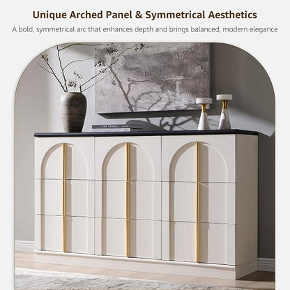 ACCOHOHO Arched Dresser for Bedroom with 9 Drawers, 52" Wide Modern Chest of Drawers with Rounded Edge & Metal Handles, Wood Storage Closet Dressers TV Stand for Living Room, Hallway, White