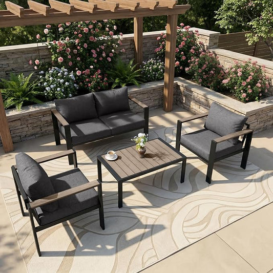 Patio Furniture Set 4 Seats and Coffee Table, Patio Conversation Set with Washable Thick Cushions, Deluxe Aluminum Modern Outside Sectional for Porch, Balcony, Deck, Yard, Dark Gray