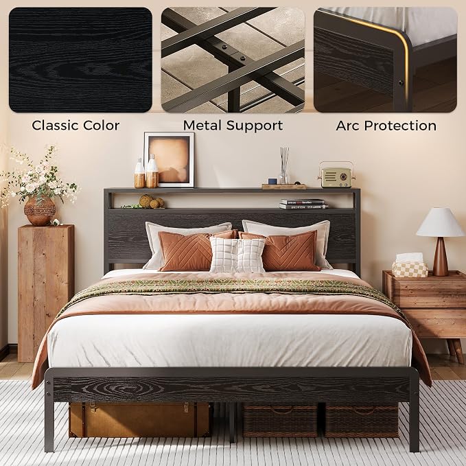 LIKIMIO Full Bed Frame with Headboard, Dark Wood Camas Full with Strong Supports, Sturdy, Noise-Free, No Box Spring Needed, Black