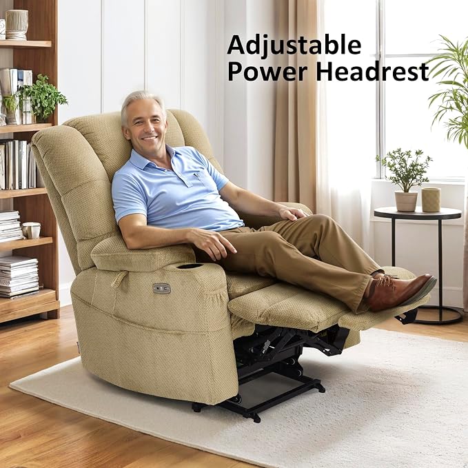 MCombo Big Man Power Lay Flat Lift Chair, Triple Motor Power Lift Recliner with Massage & Dual Heating, Adjustable Headrest, Fabric R7635 (Beige, Large-Wide)