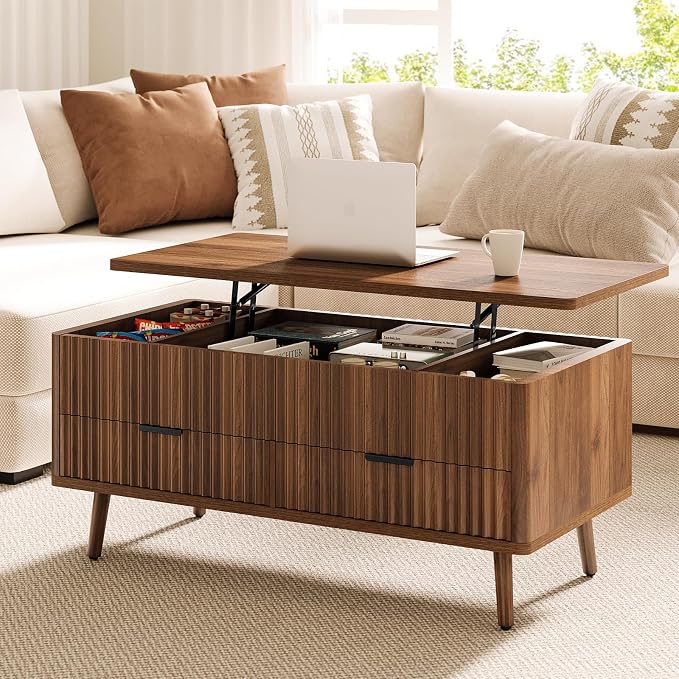 Lift Top Coffee Table with Storage - Fluted Wood Coffee Tables for Living Room with Drawers & Hidden Compartment, Mid Century Modern Square Large Center Table for Home Office Reception Walnut