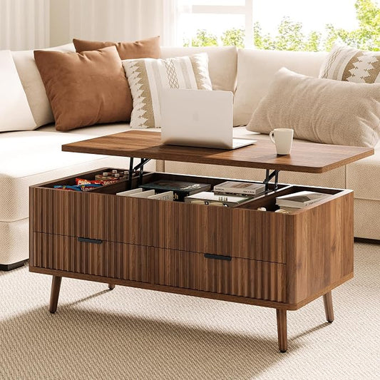 Lift Top Coffee Table with Storage - Fluted Wood Coffee Tables for Living Room with Drawers & Hidden Compartment, Mid Century Modern Square Large Center Table for Home Office Reception Walnut