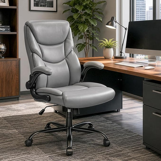 Sweetcrispy Office Computer Gaming Chair, Ergonomic High Back Heavy Duty Task Desk Chairs with Wheels, Flip-up Arms, Adjustable Height, PU Leather, Grey