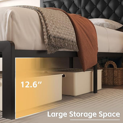 Fluest Queen Bed Frame with Headboard PU Leather Upholstered Bed Frame Platform,All Metal Slats Support Platform Bed Frame with Storage Space,Easy Assembly,Noise Free,No Box Spring Needed,Black
