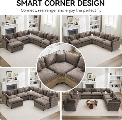 113'' V Shaped Cloud Sectional Sofa, Oversized Deep Seat Couches for Living Room, Chenille Comfy Upholstered Modular Sectional Sofa Couch with 2 Movable Ottoman, Brown