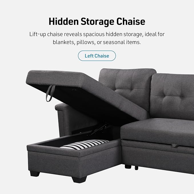 Lilola Home Ashlyn 84-inch Wide Dark Gray Linen Fabric Reversible Sleeper Sectional Sofa with USB Charging Ports – Convertible Pull-Out Bed, Storage Chaise, Side Pockets, and Medium Firm Cushioning