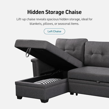 Lilola Home Ashlyn 84-inch Wide Dark Gray Linen Fabric Reversible Sleeper Sectional Sofa with USB Charging Ports – Convertible Pull-Out Bed, Storage Chaise, Side Pockets, and Medium Firm Cushioning